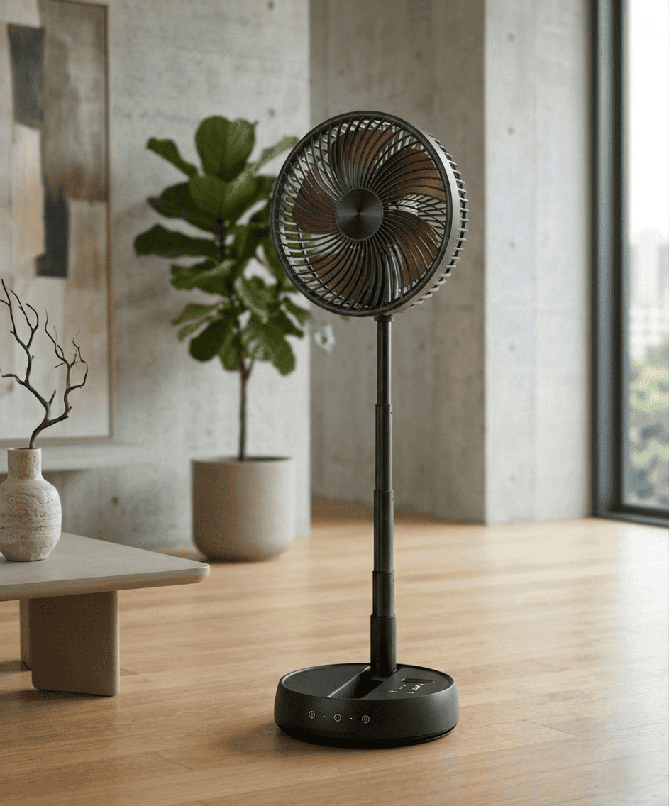 Ventilatore portatile con clip, oscillazione 720°, 3 velocità, telecomando 8m, timer 4h e ricarica USB-C. Motore brushless silenzioso. Bianco o Nero.