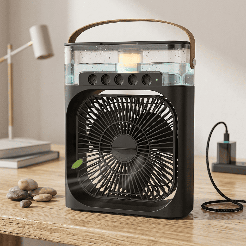 Condizionatore d'Aria portatile 3-in-1 con 7 luci LED, serbatoio 600ml, 3 velocità e nebulizzazione. Fresco immediato ovunque, silenzioso e USB.