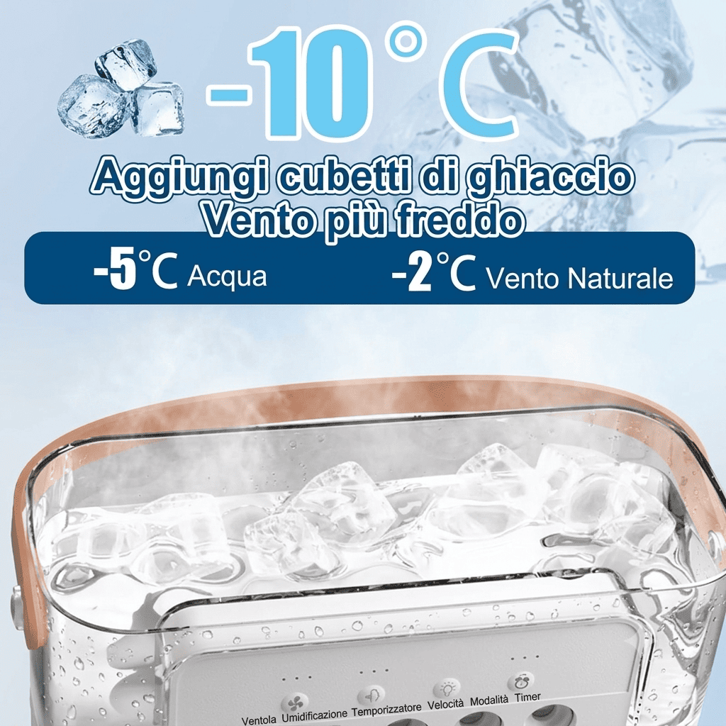 Condizionatore d'Aria portatile 3-in-1 con 7 luci LED, serbatoio 600ml, 3 velocità e nebulizzazione. Fresco immediato ovunque, silenzioso e USB.