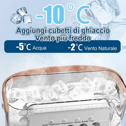 Condizionatore d'Aria portatile 3-in-1 con 7 luci LED, serbatoio 600ml, 3 velocità e nebulizzazione. Fresco immediato ovunque, silenzioso e USB.