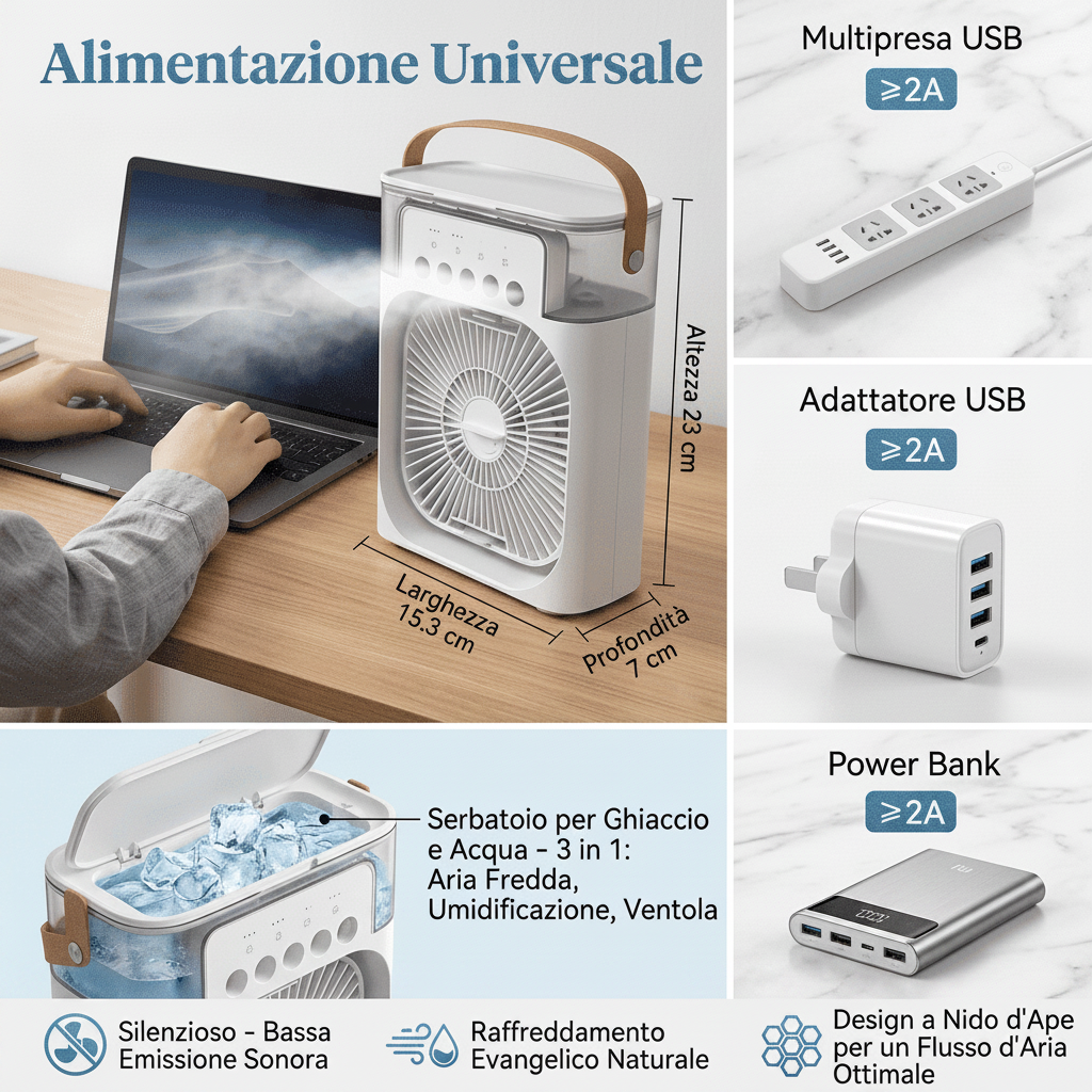 Condizionatore d'Aria portatile 3-in-1 con 7 luci LED, serbatoio 600ml, 3 velocità e nebulizzazione. Fresco immediato ovunque, silenzioso e USB.