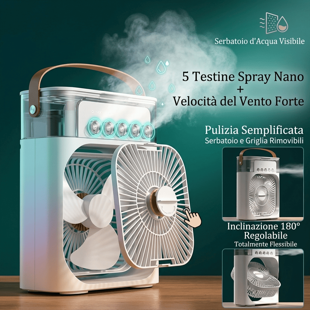 Condizionatore d'Aria portatile 3-in-1 con 7 luci LED, serbatoio 600ml, 3 velocità e nebulizzazione. Fresco immediato ovunque, silenzioso e USB.