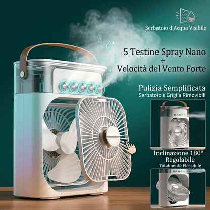 Condizionatore d'Aria portatile 3-in-1 con 7 luci LED, serbatoio 600ml, 3 velocità e nebulizzazione. Fresco immediato ovunque, silenzioso e USB.