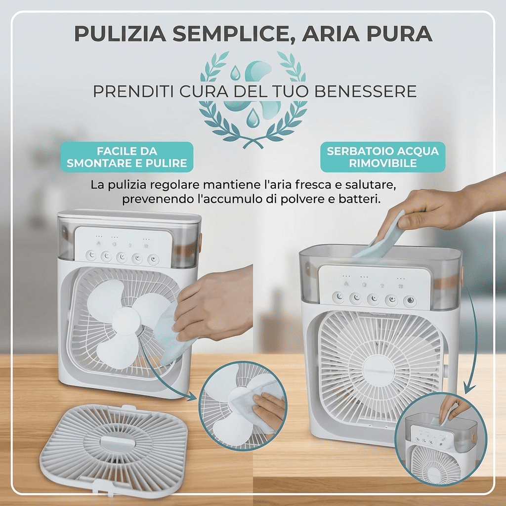 Condizionatore d'Aria portatile 3-in-1 con 7 luci LED, serbatoio 600ml, 3 velocità e nebulizzazione. Fresco immediato ovunque, silenzioso e USB.