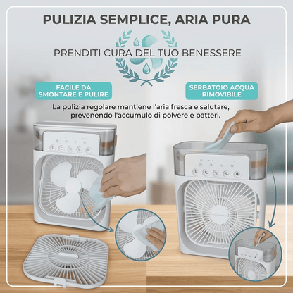 Condizionatore d'Aria portatile 3-in-1 con 7 luci LED, serbatoio 600ml, 3 velocità e nebulizzazione. Fresco immediato ovunque, silenzioso e USB.