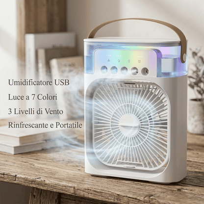 Condizionatore d'Aria portatile 3-in-1 con 7 luci LED, serbatoio 600ml, 3 velocità e nebulizzazione. Fresco immediato ovunque, silenzioso e USB.