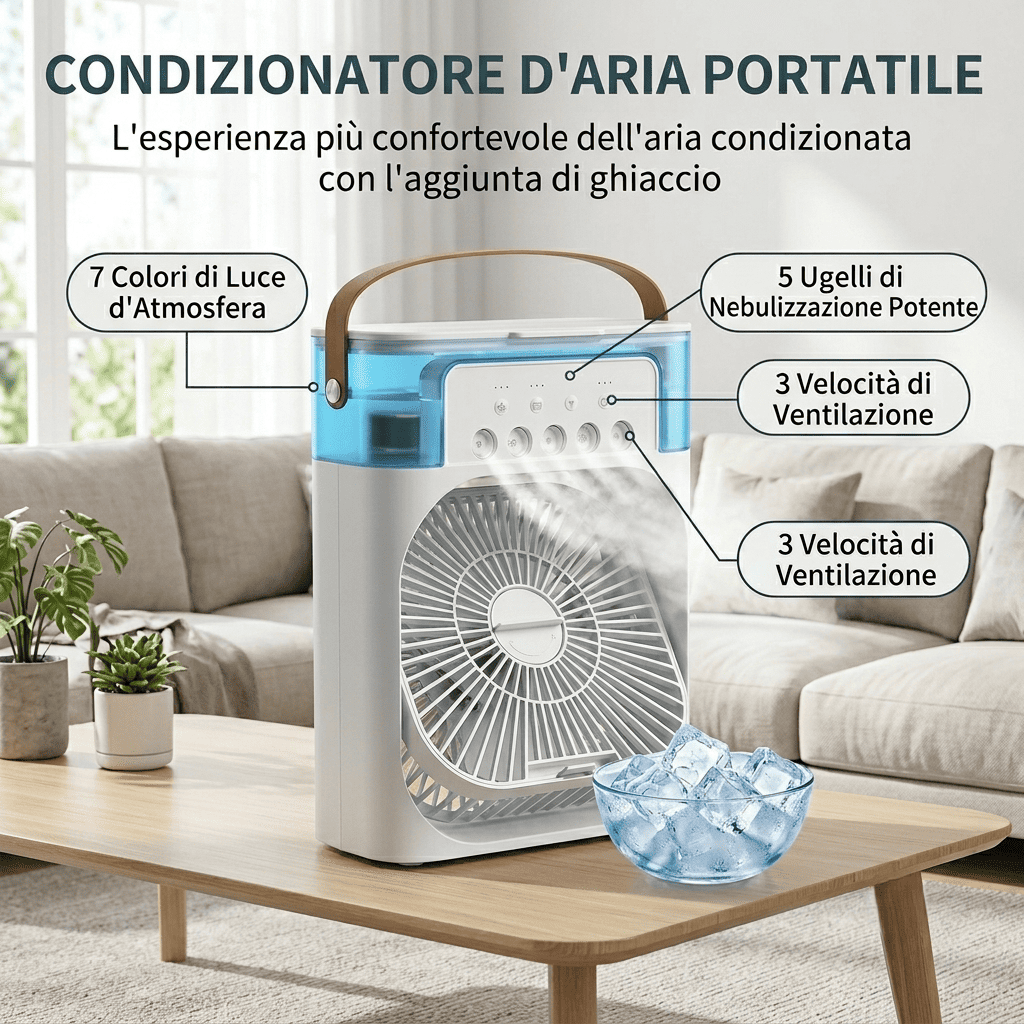 Condizionatore d'Aria portatile 3-in-1 con 7 luci LED, serbatoio 600ml, 3 velocità e nebulizzazione. Fresco immediato ovunque, silenzioso e USB.