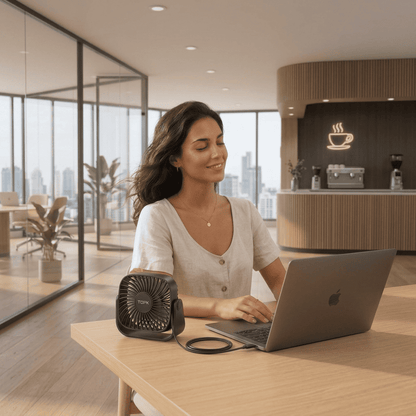 Mini ventilatore da tavolo USB 4 pollici, rotazione 360°, 3 velocità, funzionamento silenzioso. Ideale per scrivania, campeggio e casa. 5 colori disponibili.