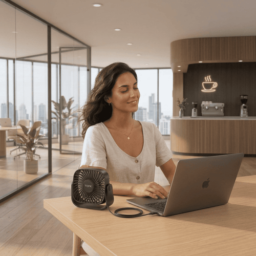 Mini ventilatore da tavolo USB 4 pollici, rotazione 360°, 3 velocità, funzionamento silenzioso. Ideale per scrivania, campeggio e casa. 5 colori disponibili.