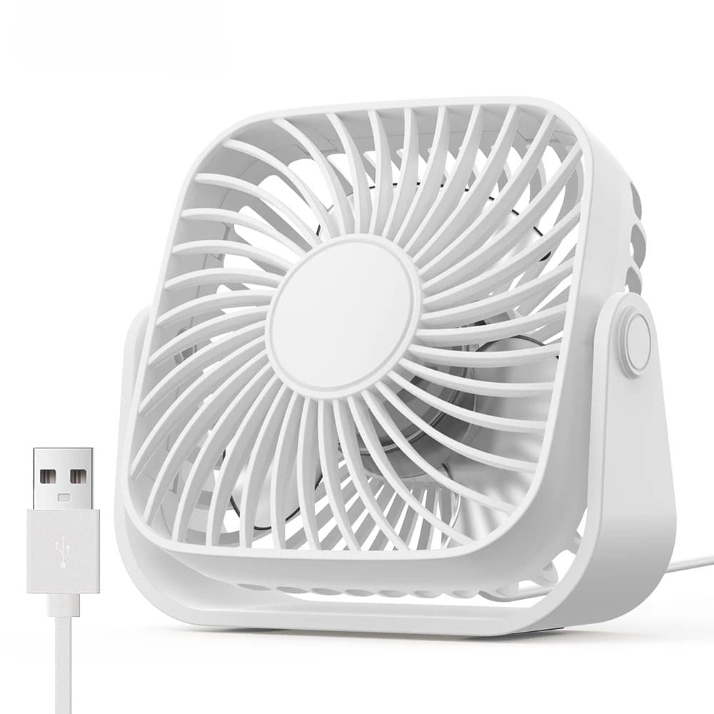 Mini ventilatore da tavolo USB 4 pollici, rotazione 360°, 3 velocità, funzionamento silenzioso. Ideale per scrivania, campeggio e casa. 5 colori disponibili.