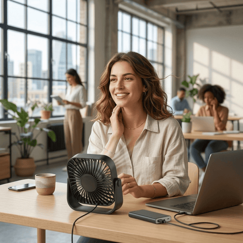Mini ventilatore da tavolo USB 4 pollici, rotazione 360°, 3 velocità, funzionamento silenzioso. Ideale per scrivania, campeggio e casa. 5 colori disponibili.