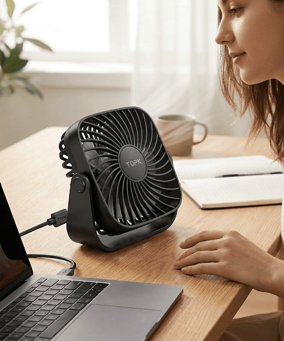 Mini ventilatore da tavolo USB 4 pollici, rotazione 360°, 3 velocità, funzionamento silenzioso. Ideale per scrivania, campeggio e casa. 5 colori disponibili.