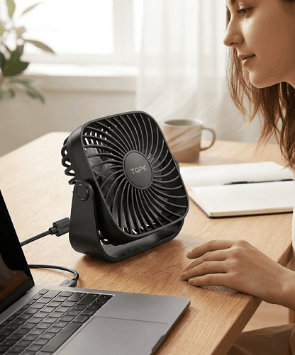 Mini ventilatore da tavolo USB 4 pollici, rotazione 360°, 3 velocità, funzionamento silenzioso. Ideale per scrivania, campeggio e casa. 5 colori disponibili.