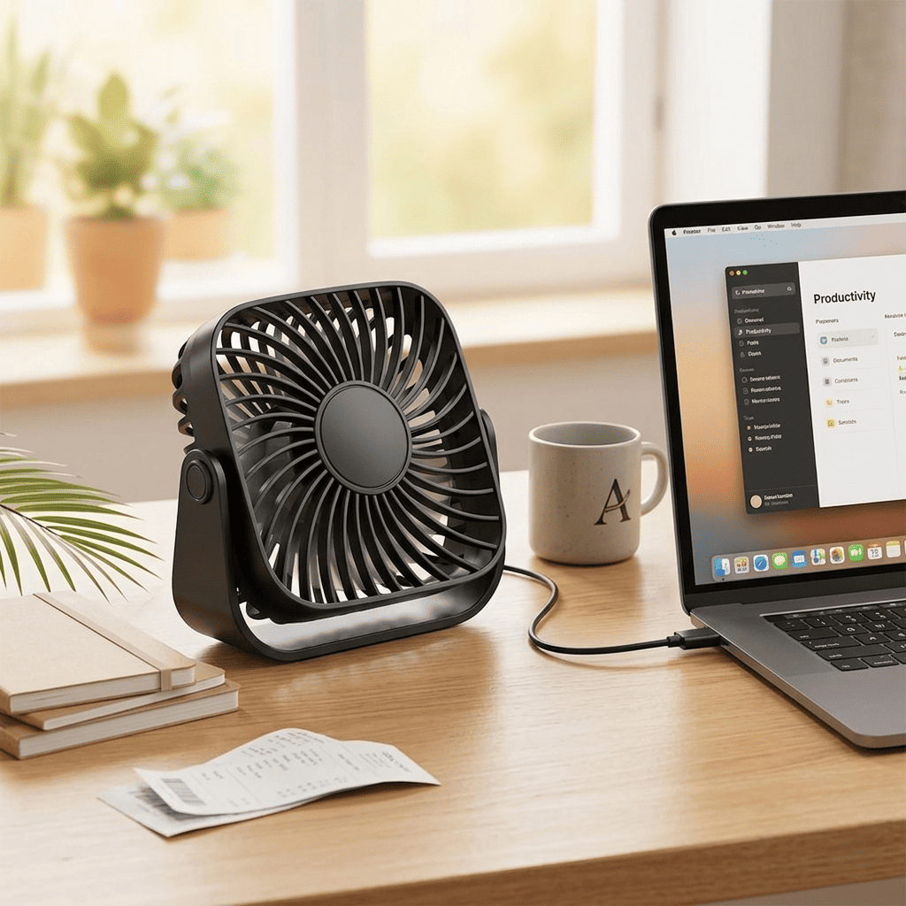 Mini ventilatore da tavolo USB 4 pollici, rotazione 360°, 3 velocità, funzionamento silenzioso. Ideale per scrivania, campeggio e casa. 5 colori disponibili.