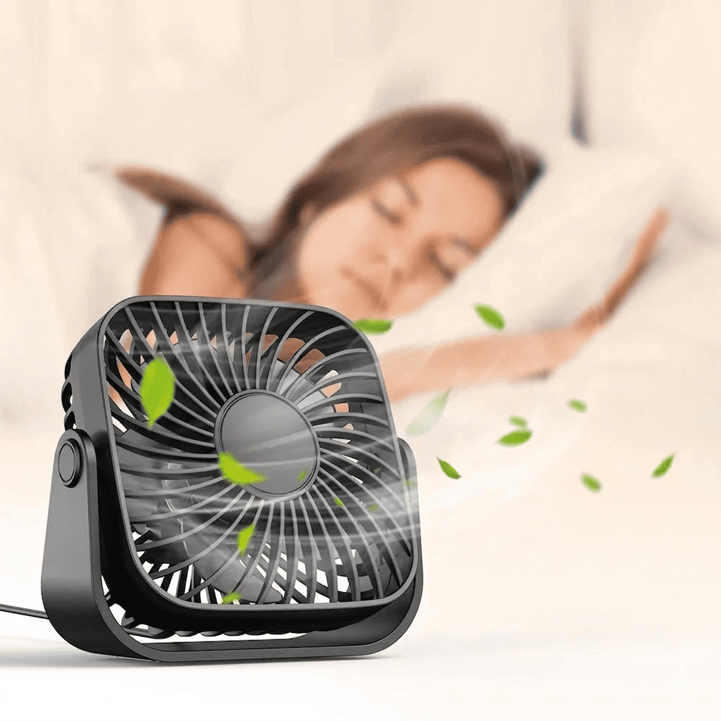Mini ventilatore da tavolo USB 4 pollici, rotazione 360°, 3 velocità, funzionamento silenzioso. Ideale per scrivania, campeggio e casa. 5 colori disponibili.