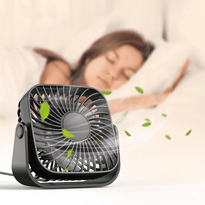 Mini ventilatore da tavolo USB 4 pollici, rotazione 360°, 3 velocità, funzionamento silenzioso. Ideale per scrivania, campeggio e casa. 5 colori disponibili.