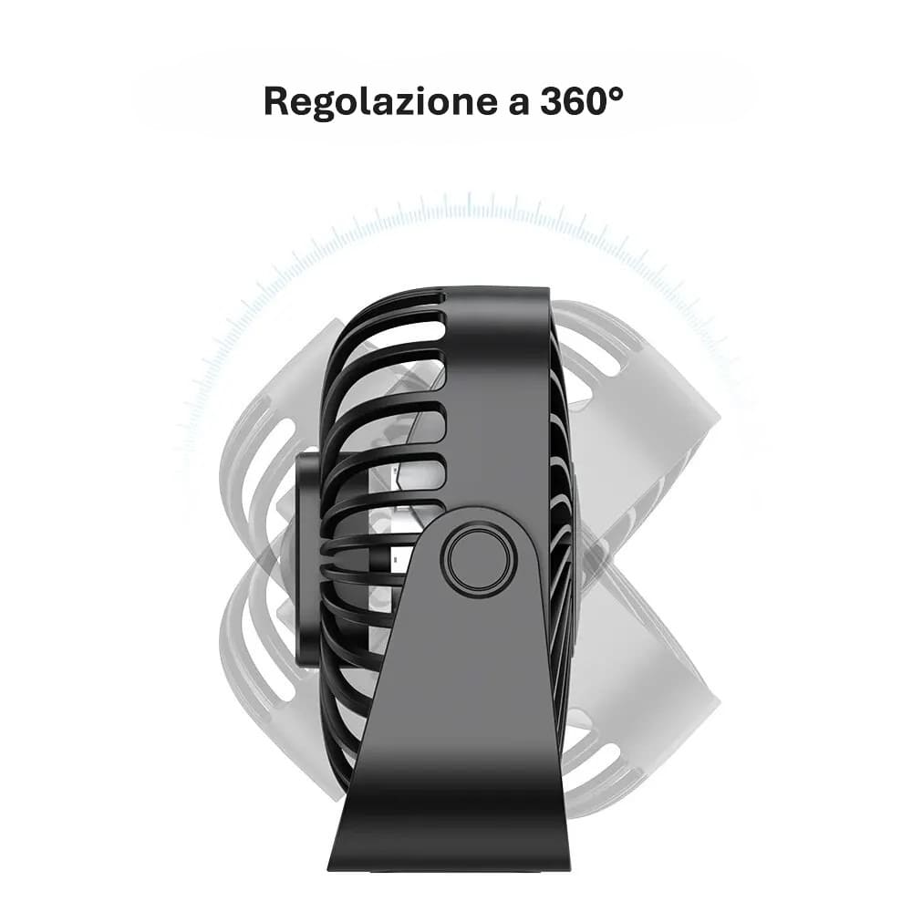 Mini ventilatore da tavolo USB 4 pollici, rotazione 360°, 3 velocità, funzionamento silenzioso. Ideale per scrivania, campeggio e casa. 5 colori disponibili.