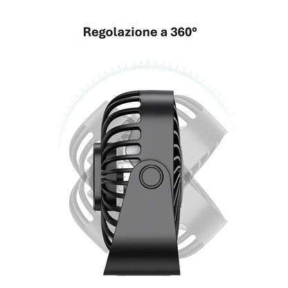 Mini ventilatore da tavolo USB 4 pollici, rotazione 360°, 3 velocità, funzionamento silenzioso. Ideale per scrivania, campeggio e casa. 5 colori disponibili.