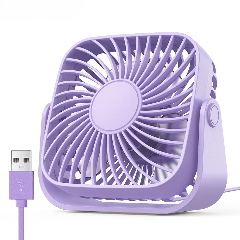 Mini ventilatore da tavolo USB 4 pollici, rotazione 360°, 3 velocità, funzionamento silenzioso. Ideale per scrivania, campeggio e casa. 5 colori disponibili.