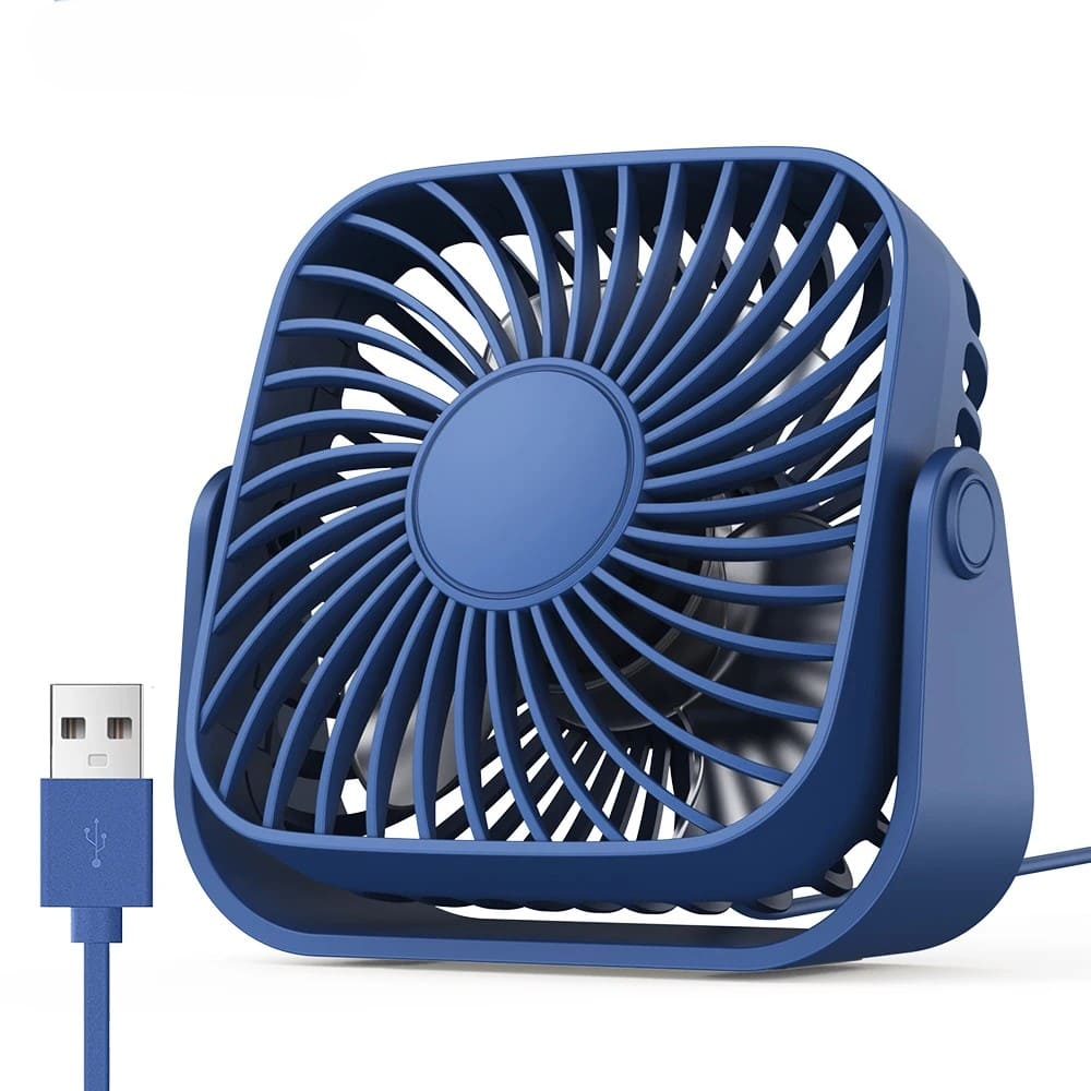 Mini ventilatore da tavolo USB 4 pollici, rotazione 360°, 3 velocità, funzionamento silenzioso. Ideale per scrivania, campeggio e casa. 5 colori disponibili.