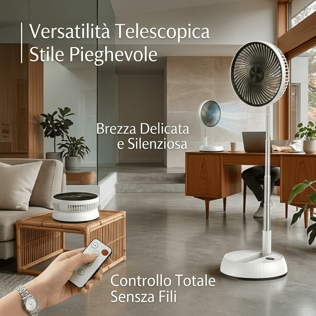 Ventilatore portatile con clip, oscillazione 720°, 3 velocità, telecomando 8m, timer 4h e ricarica USB-C. Motore brushless silenzioso. Bianco o Nero.