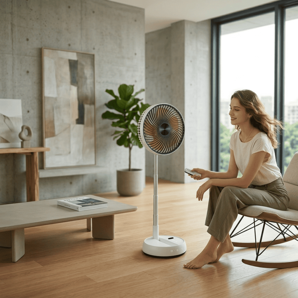 Ventilatore portatile con clip, oscillazione 720°, 3 velocità, telecomando 8m, timer 4h e ricarica USB-C. Motore brushless silenzioso. Bianco o Nero.