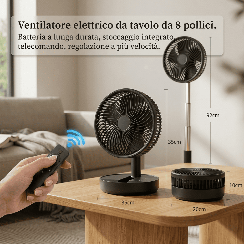 Ventilatore portatile con clip, oscillazione 720°, 3 velocità, telecomando 8m, timer 4h e ricarica USB-C. Motore brushless silenzioso. Bianco o Nero.