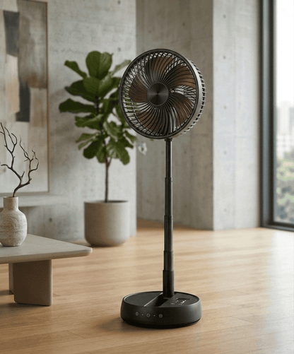 Ventilatore portatile con clip, oscillazione 720°, 3 velocità, telecomando 8m, timer 4h e ricarica USB-C. Motore brushless silenzioso. Bianco o Nero.