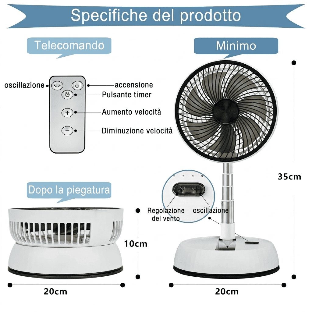 Ventilatore portatile con clip, oscillazione 720°, 3 velocità, telecomando 8m, timer 4h e ricarica USB-C. Motore brushless silenzioso. Bianco o Nero.