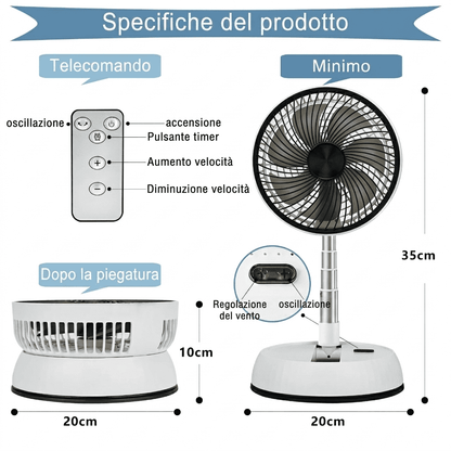 Ventilatore portatile con clip, oscillazione 720°, 3 velocità, telecomando 8m, timer 4h e ricarica USB-C. Motore brushless silenzioso. Bianco o Nero.