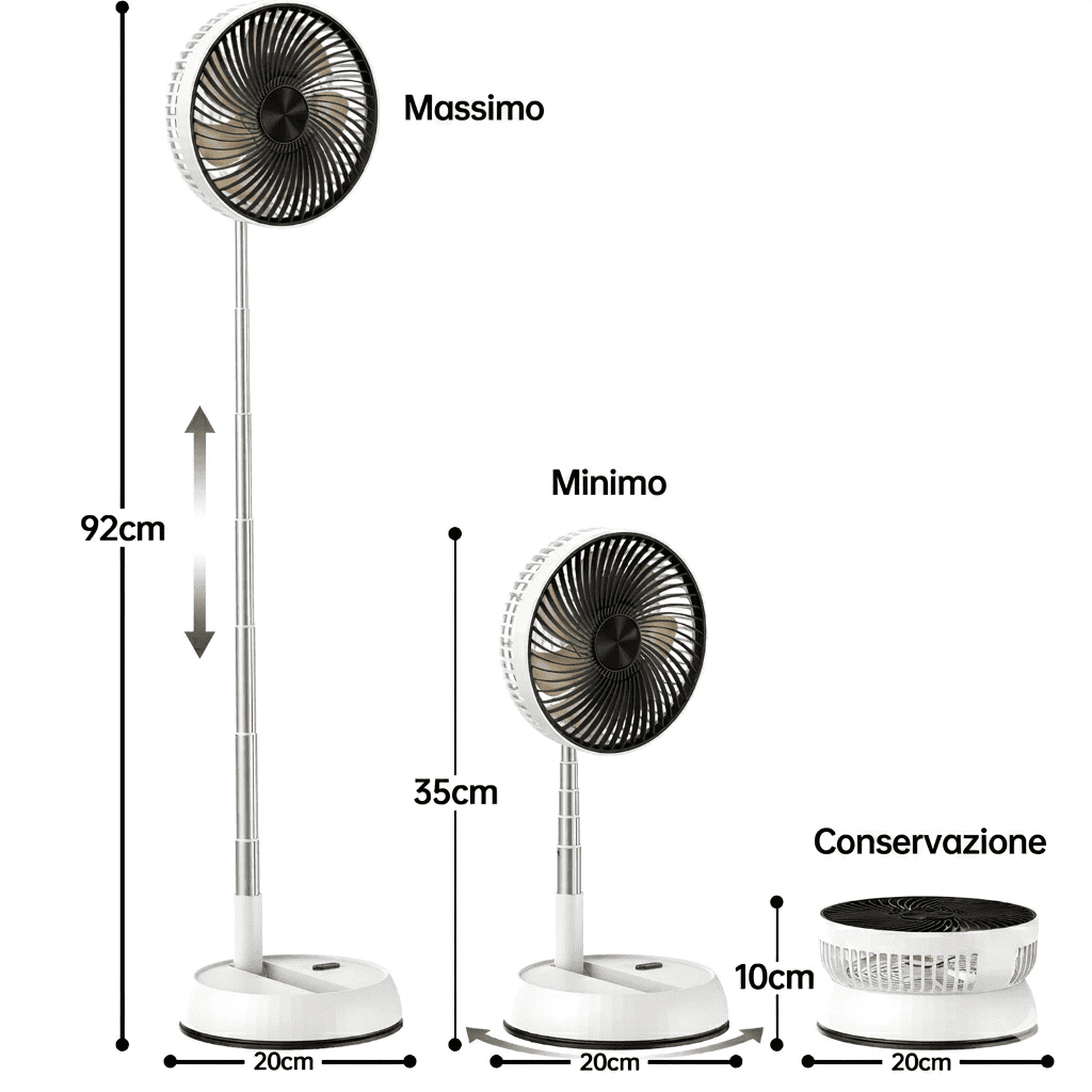 Ventilatore portatile con clip, oscillazione 720°, 3 velocità, telecomando 8m, timer 4h e ricarica USB-C. Motore brushless silenzioso. Bianco o Nero.