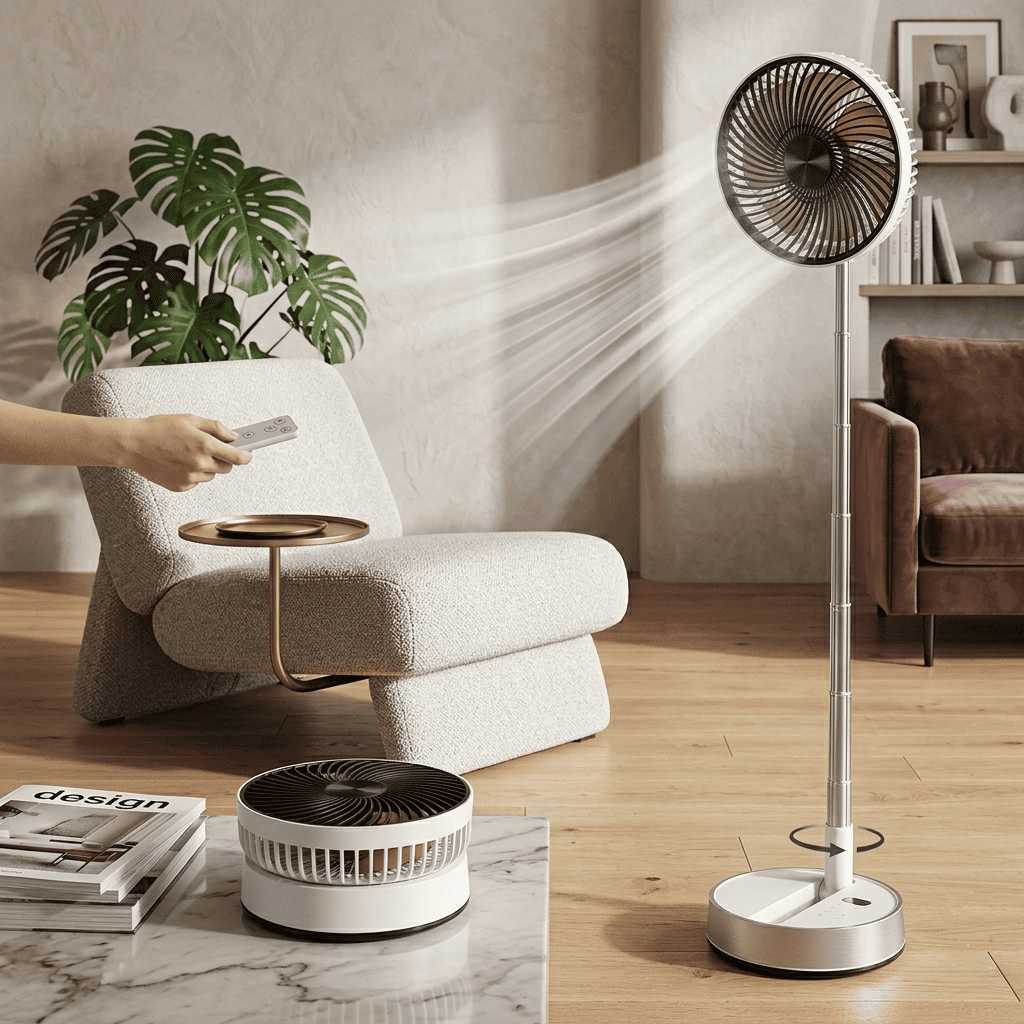 Ventilatore portatile con clip, oscillazione 720°, 3 velocità, telecomando 8m, timer 4h e ricarica USB-C. Motore brushless silenzioso. Bianco o Nero.