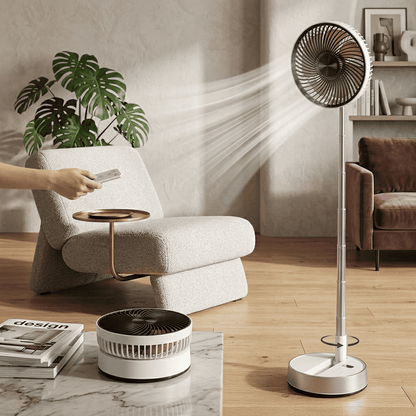 Ventilatore portatile con clip, oscillazione 720°, 3 velocità, telecomando 8m, timer 4h e ricarica USB-C. Motore brushless silenzioso. Bianco o Nero.