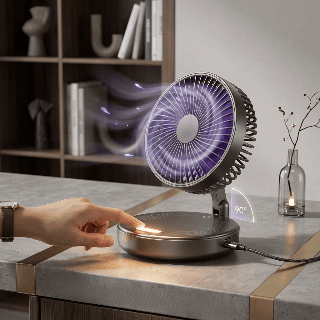 Ventilatore portatile 3in1 pieghevole a 90°, 4 velocità, luce notturna calda e ricarica USB. Disponibile con batteria 1200mAh o 5000mAh. Bianco o Nero.