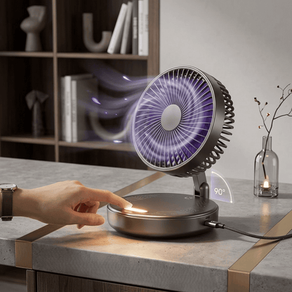 Ventilatore portatile 3in1 pieghevole a 90°, 4 velocità, luce notturna calda e ricarica USB. Disponibile con batteria 1200mAh o 5000mAh. Bianco o Nero.