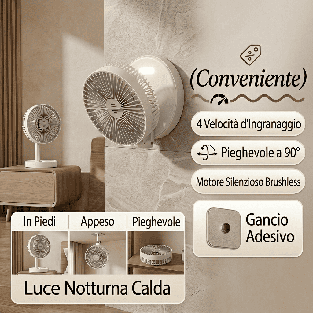 Ventilatore portatile 3in1 pieghevole a 90°, 4 velocità, luce notturna calda e ricarica USB. Disponibile con batteria 1200mAh o 5000mAh. Bianco o Nero.