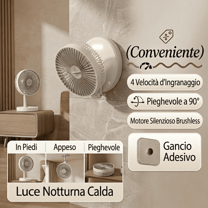 Ventilatore portatile 3in1 pieghevole a 90°, 4 velocità, luce notturna calda e ricarica USB. Disponibile con batteria 1200mAh o 5000mAh. Bianco o Nero.