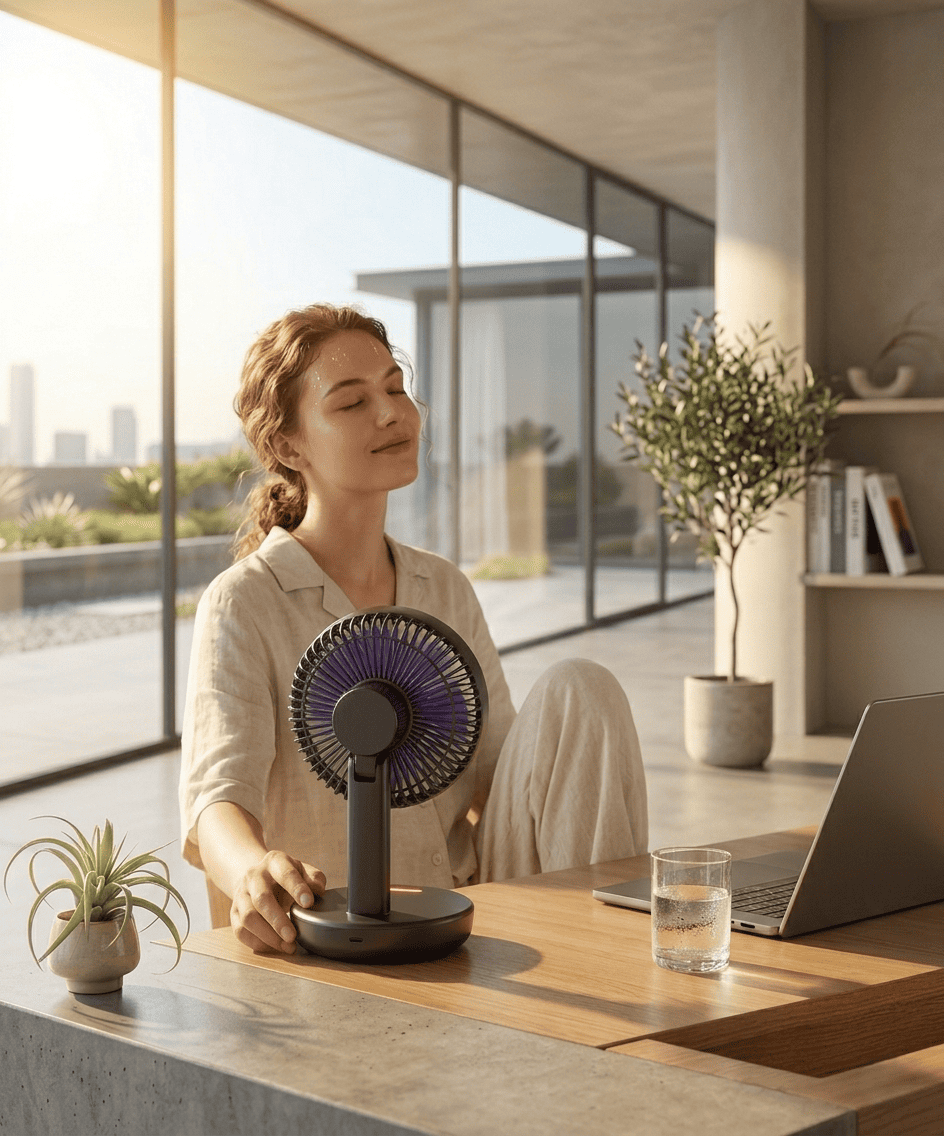 Ventilatore portatile 3in1 pieghevole a 90°, 4 velocità, luce notturna calda e ricarica USB. Disponibile con batteria 1200mAh o 5000mAh. Bianco o Nero.