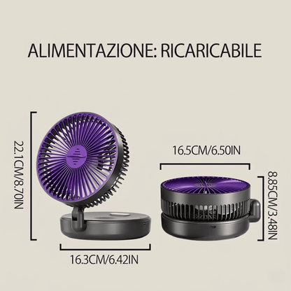 Ventilatore portatile 3in1 pieghevole a 90°, 4 velocità, luce notturna calda e ricarica USB. Disponibile con batteria 1200mAh o 5000mAh. Bianco o Nero.