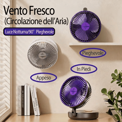 Ventilatore portatile 3in1 pieghevole a 90°, 4 velocità, luce notturna calda e ricarica USB. Disponibile con batteria 1200mAh o 5000mAh. Bianco o Nero.