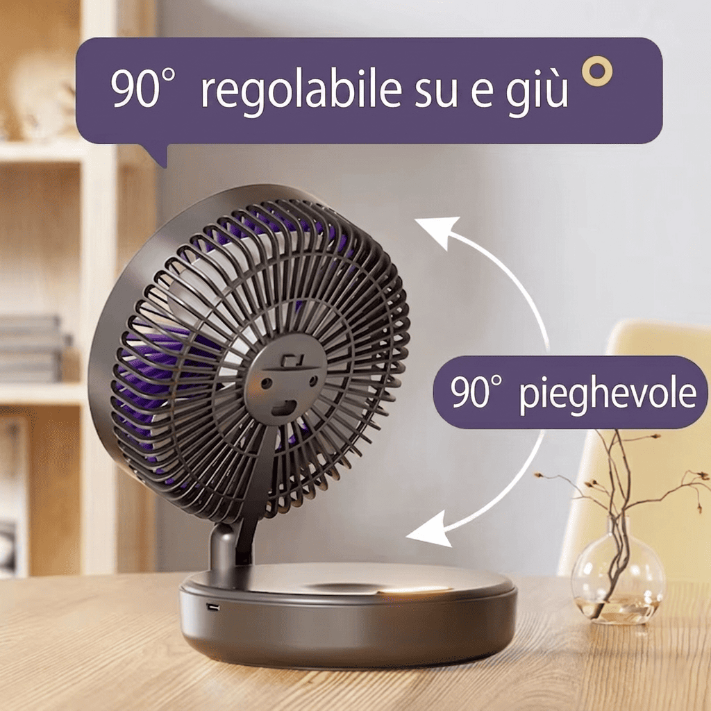 Ventilatore portatile 3in1 pieghevole a 90°, 4 velocità, luce notturna calda e ricarica USB. Disponibile con batteria 1200mAh o 5000mAh. Bianco o Nero.