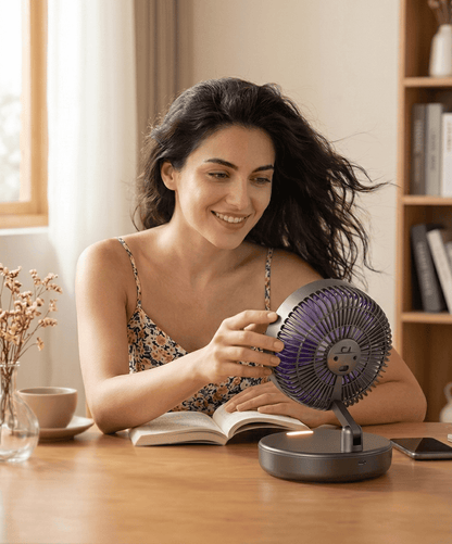Ventilatore portatile 3in1 pieghevole a 90°, 4 velocità, luce notturna calda e ricarica USB. Disponibile con batteria 1200mAh o 5000mAh. Bianco o Nero.