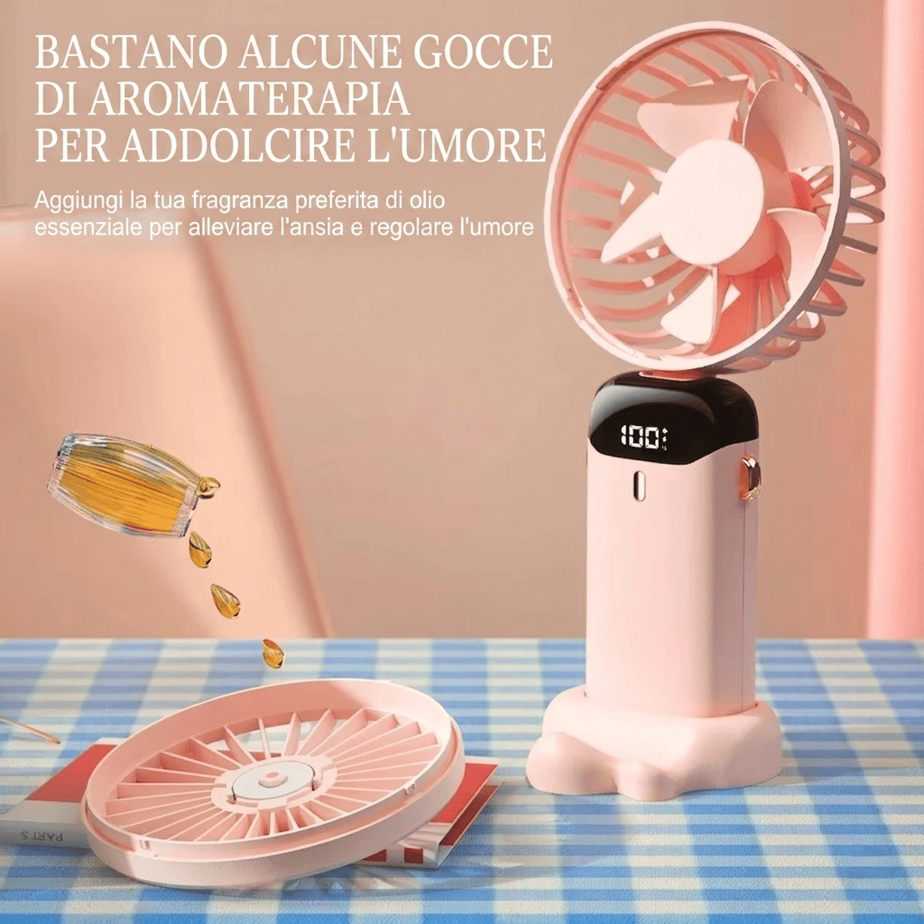 Ventilatore portatile da collo pieghevole con 5 velocità, display LED, supporto telefono e batteria 1800mAh. Ricarica USB, uso mani libere. Disponibile in 5 colori.