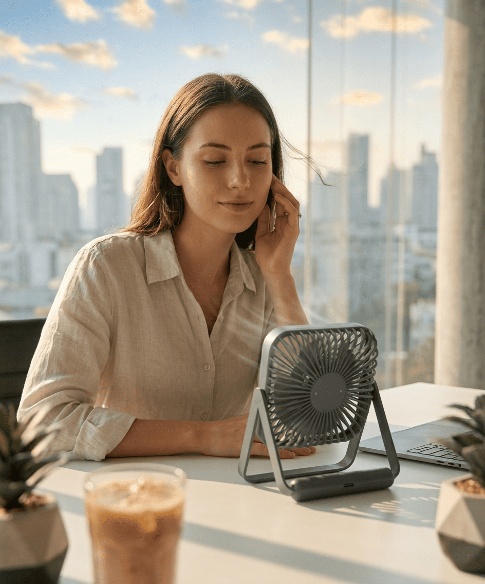Ventilatore da tavolo portatile USB, pieghevole 180°, 5 velocità con vento circolante, display digitale e ricarica USB. Ultra silenzioso, solo 205g.
