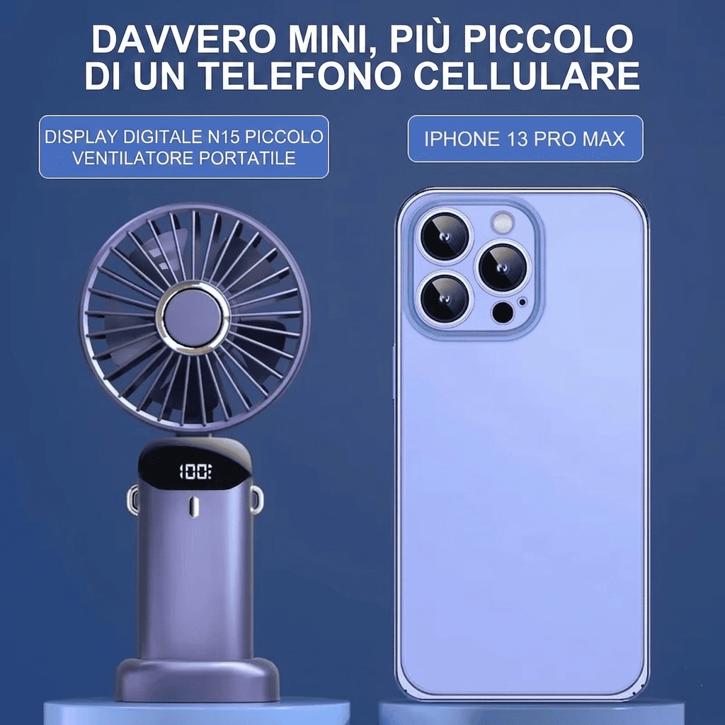 Ventilatore portatile da collo pieghevole con 5 velocità, display LED, supporto telefono e batteria 1800mAh. Ricarica USB, uso mani libere. Disponibile in 5 colori.