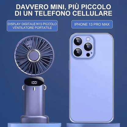 Ventilatore portatile da collo pieghevole con 5 velocità, display LED, supporto telefono e batteria 1800mAh. Ricarica USB, uso mani libere. Disponibile in 5 colori.