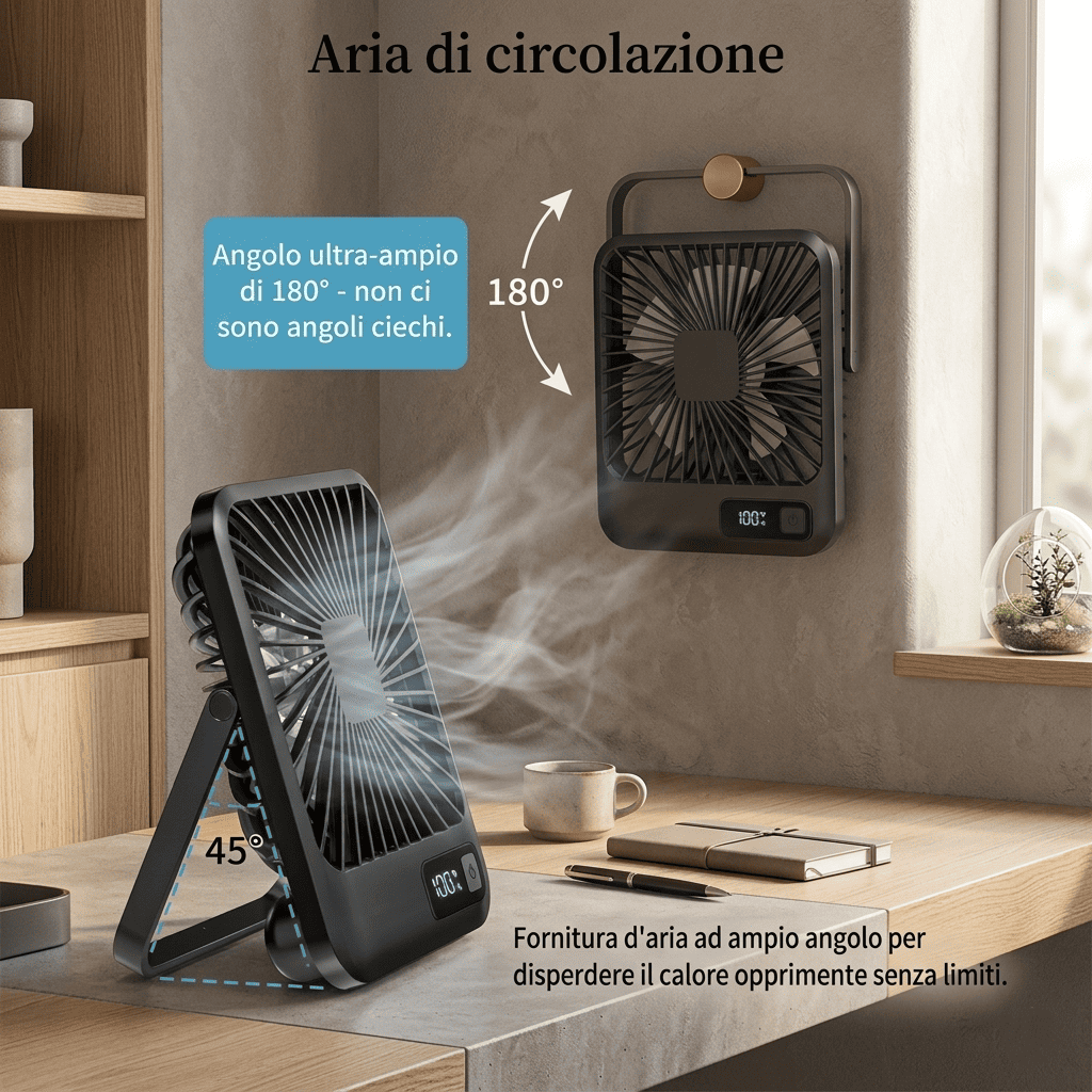 Ventilatore da tavolo portatile USB, pieghevole 180°, 5 velocità con vento circolante, display digitale e ricarica USB. Ultra silenzioso, solo 205g.