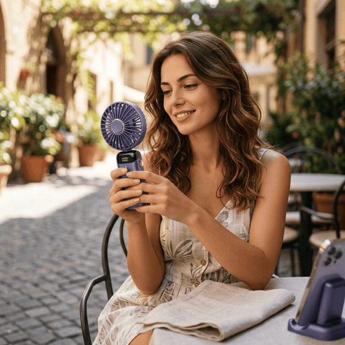 Ventilatore portatile da collo pieghevole con 5 velocità, display LED, supporto telefono e batteria 1800mAh. Ricarica USB, uso mani libere. Disponibile in 5 colori.