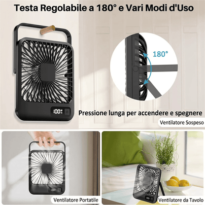 Ventilatore da tavolo portatile USB, pieghevole 180°, 5 velocità con vento circolante, display digitale e ricarica USB. Ultra silenzioso, solo 205g.