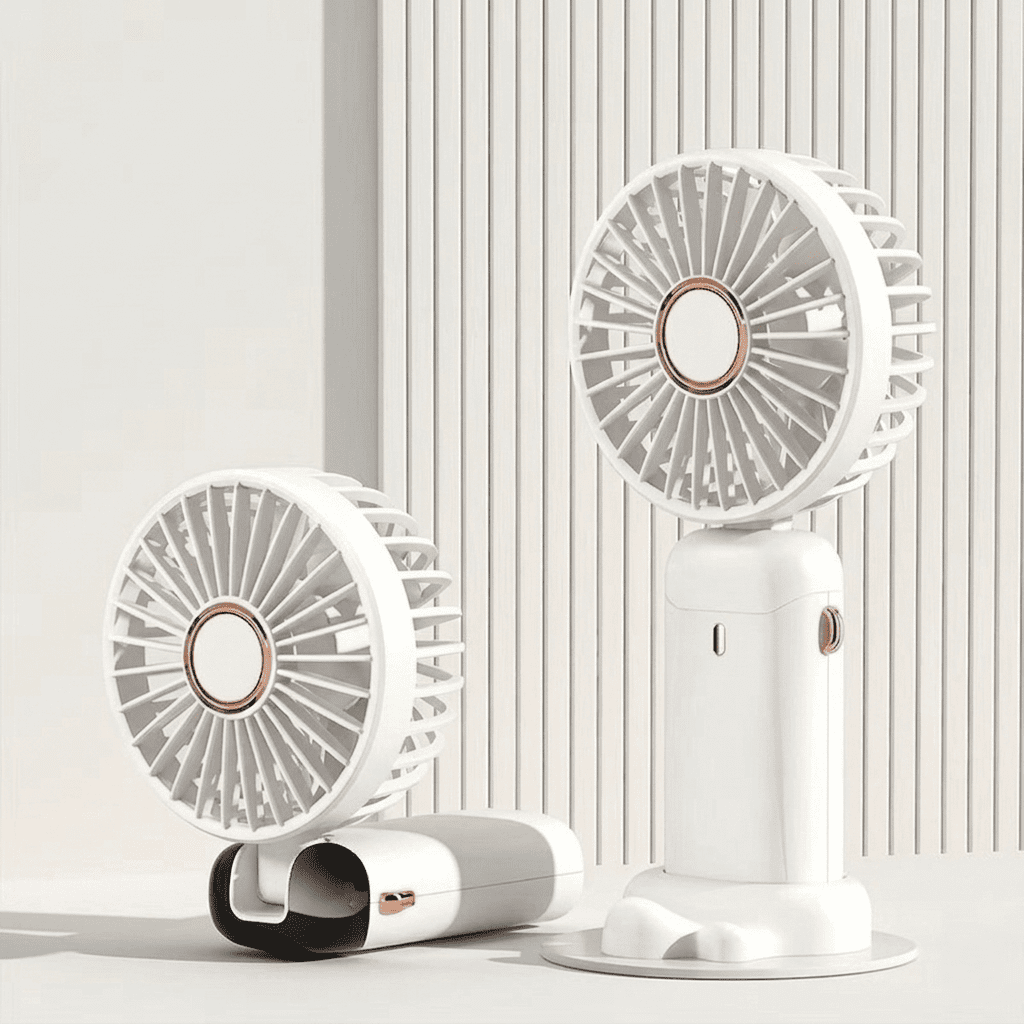 Ventilatore portatile da collo pieghevole con 5 velocità, display LED, supporto telefono e batteria 1800mAh. Ricarica USB, uso mani libere. Disponibile in 5 colori.